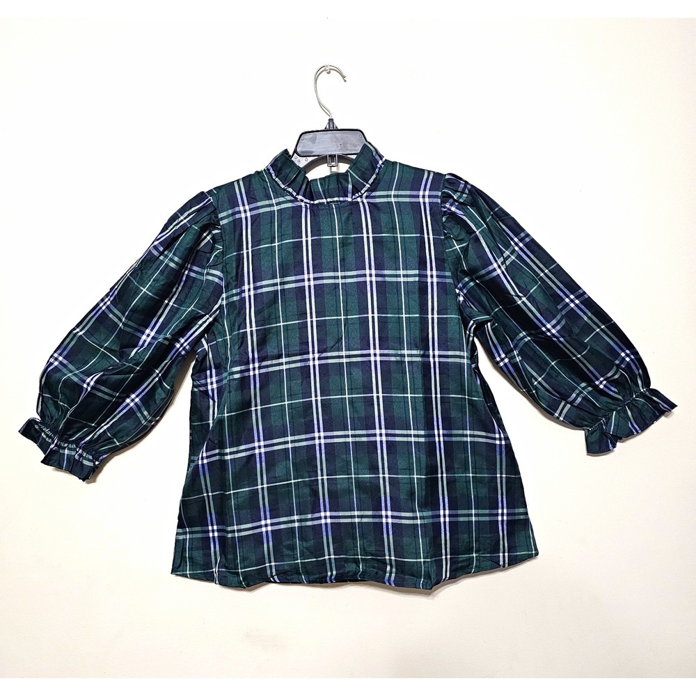 Womens Blouse Top Medium Green Plaid Puff 3/4 Sleeve Back Bow Closure Lined 1165